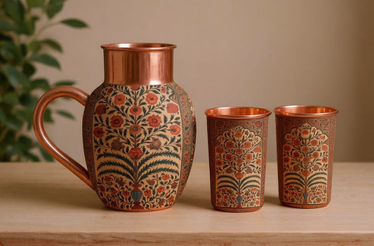 Copper Jug & Glass Set | Mughal Floral Tree | Ayurvedic Drinkware