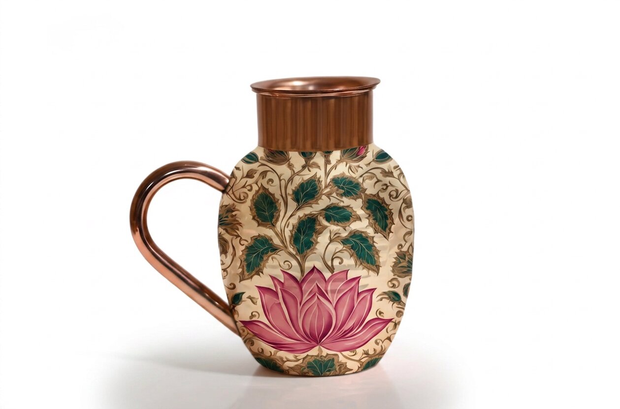 Copper Jug & Glass Set | Sacred Lotus Bloom | Ayurvedic Drinkware