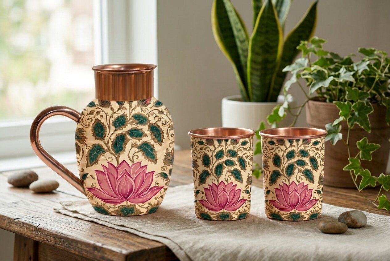 Copper Jug & Glass Set | Sacred Lotus Bloom | Ayurvedic Drinkware