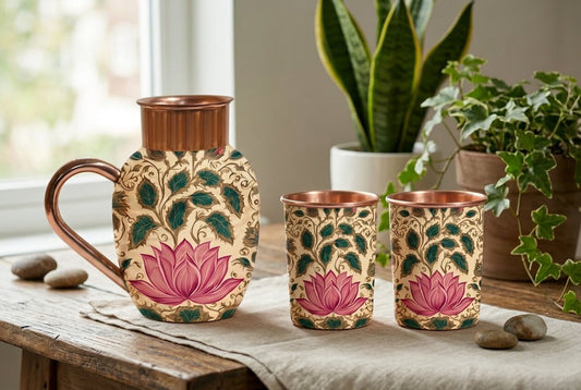 Copper Jug & Glass Set | Sacred Lotus Bloom | Ayurvedic Drinkware