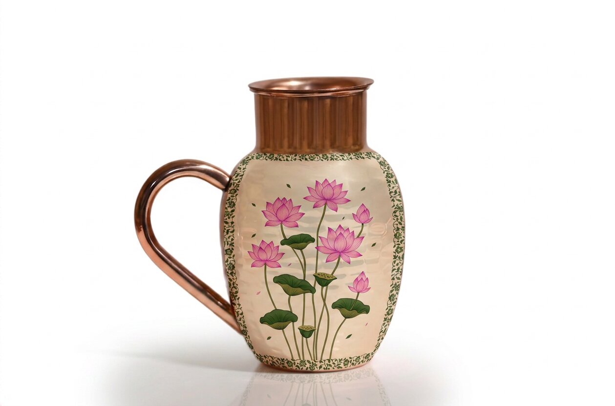 Copper Jug & Glass Set | Delicate Lotus Pond | Ayurvedic Drinkware