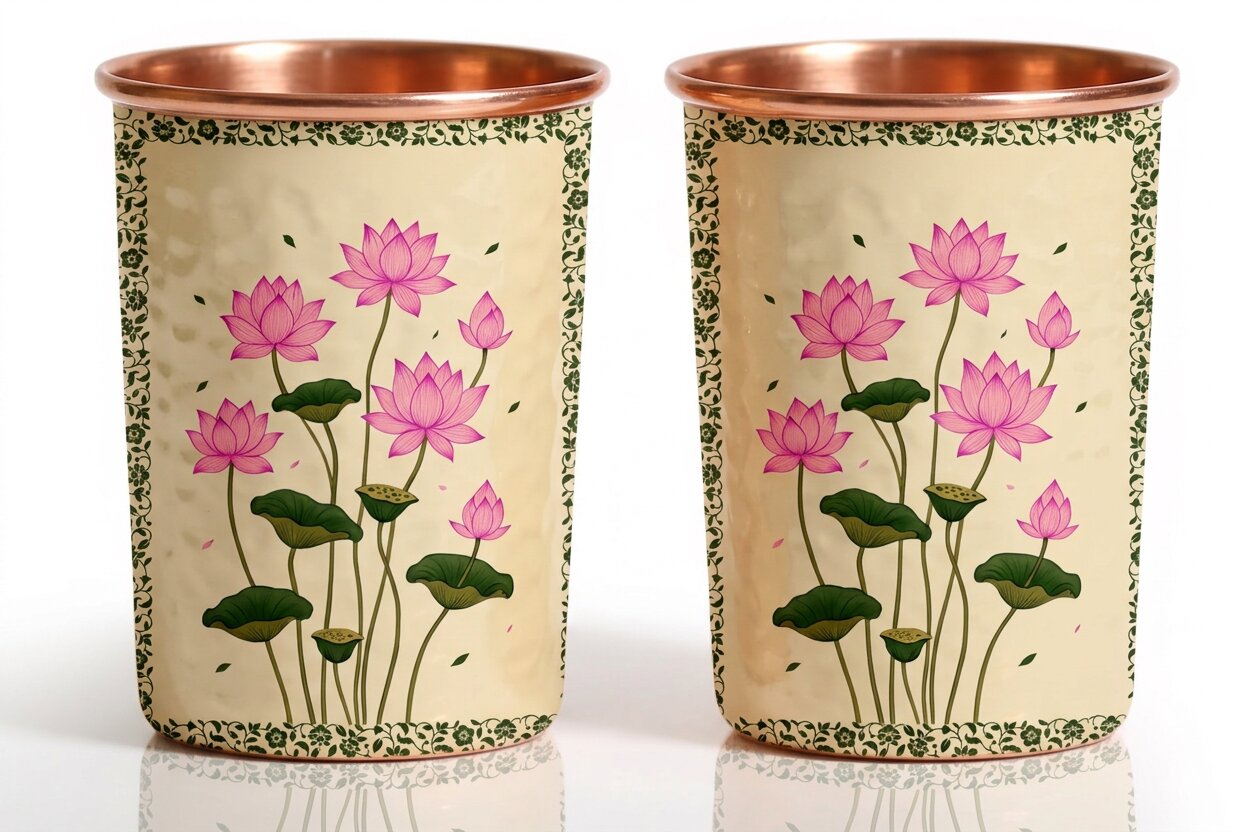 Copper Jug & Glass Set | Delicate Lotus Pond | Ayurvedic Drinkware