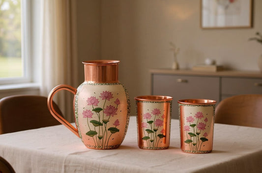 Copper Jug & Glass Set | Delicate Lotus Pond | Ayurvedic Drinkware