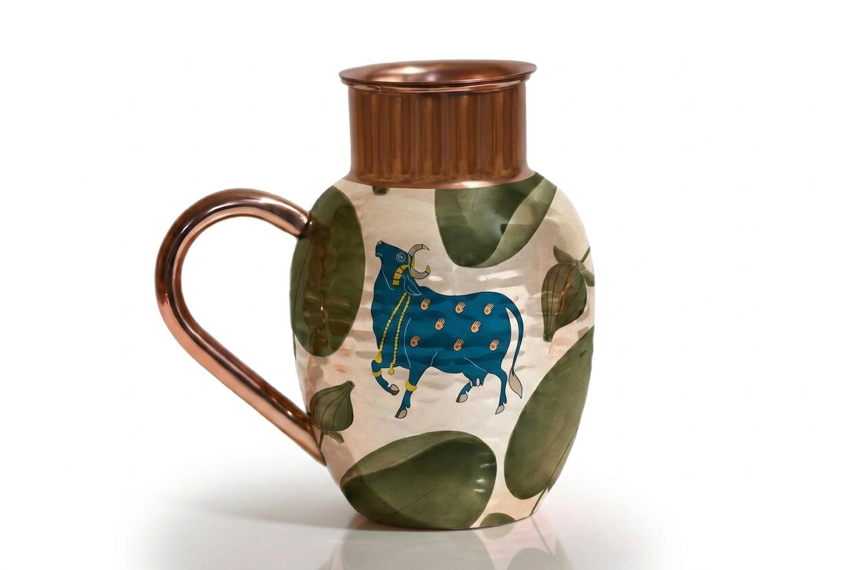 Copper Jug & Glass Set | Pichwai Blue Cow & Leaves | Ayurvedic Set