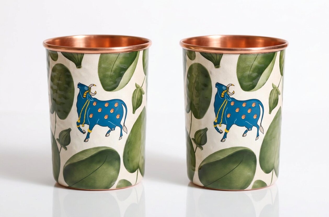 Copper Jug & Glass Set | Pichwai Blue Cow & Leaves | Ayurvedic Set