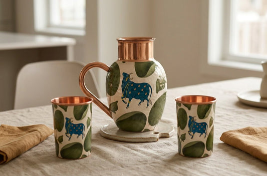 Copper Jug & Glass Set | Pichwai Blue Cow & Leaves | Ayurvedic Set