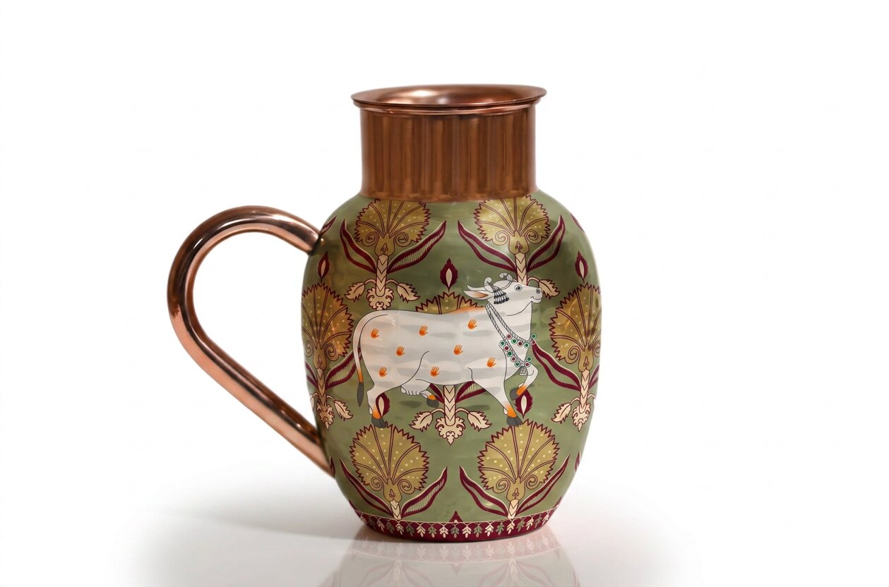 Copper Jug & Glass Set | Sacred Cow Damask | Ayurvedic Drinkware
