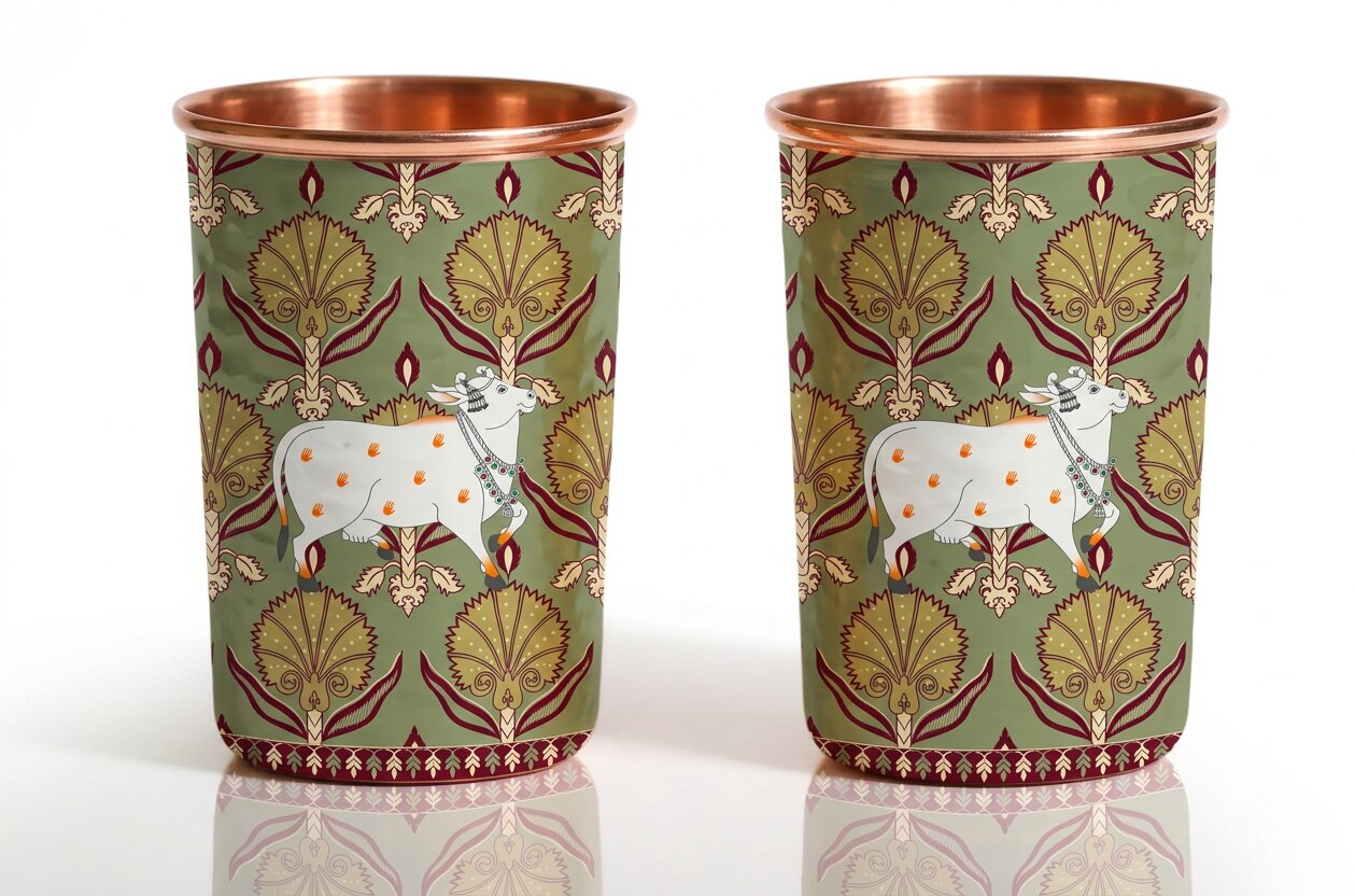 Copper Jug & Glass Set | Sacred Cow Damask | Ayurvedic Drinkware