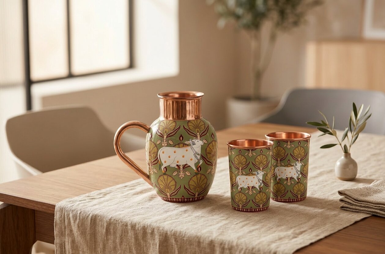 Copper Jug & Glass Set | Sacred Cow Damask | Ayurvedic Drinkware