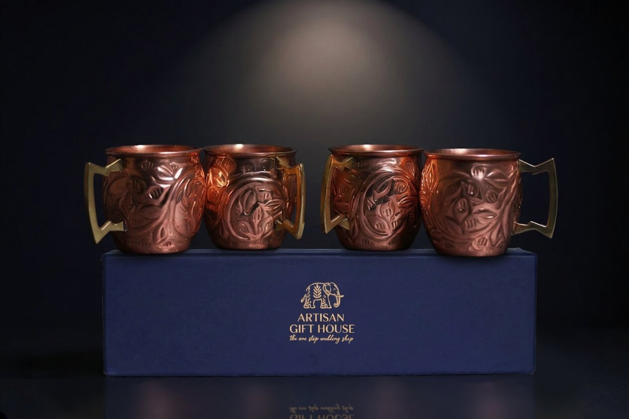 100% Pure Copper Mug Set of 4 – Deep Embossed Floral Design | Ayurvedic Drinkware | Brass Handle Copper Mugs | Luxury Gift Set