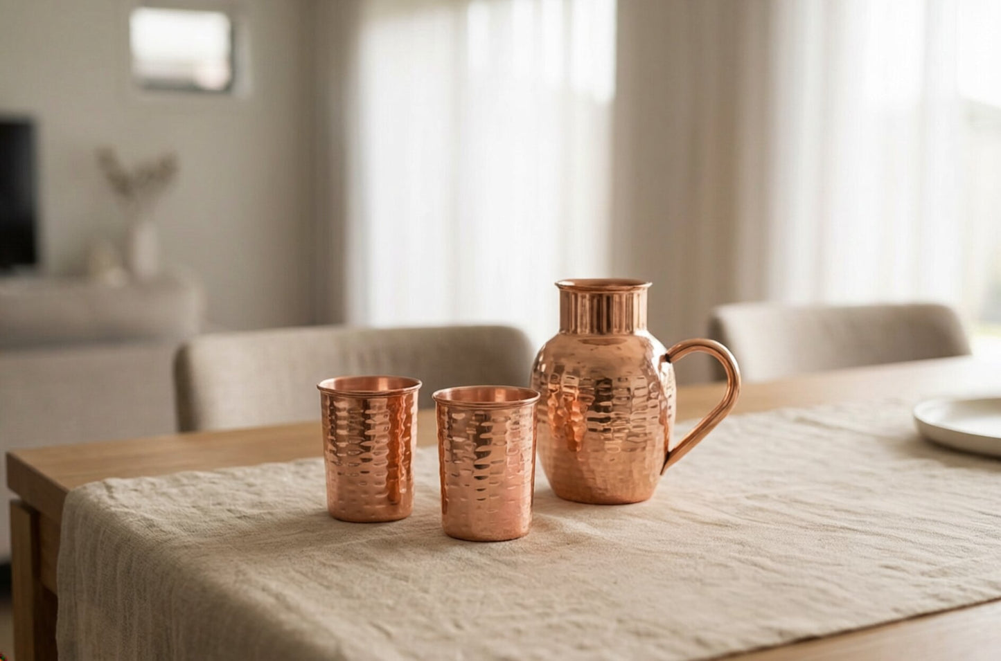 Pure Copper Water Jug with 2 Copper Glasses – Premium Hammered Copper Drinkware Set