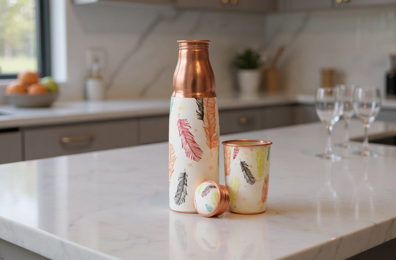 Designer Copper Bottle & Tumbler Set – Feather Print