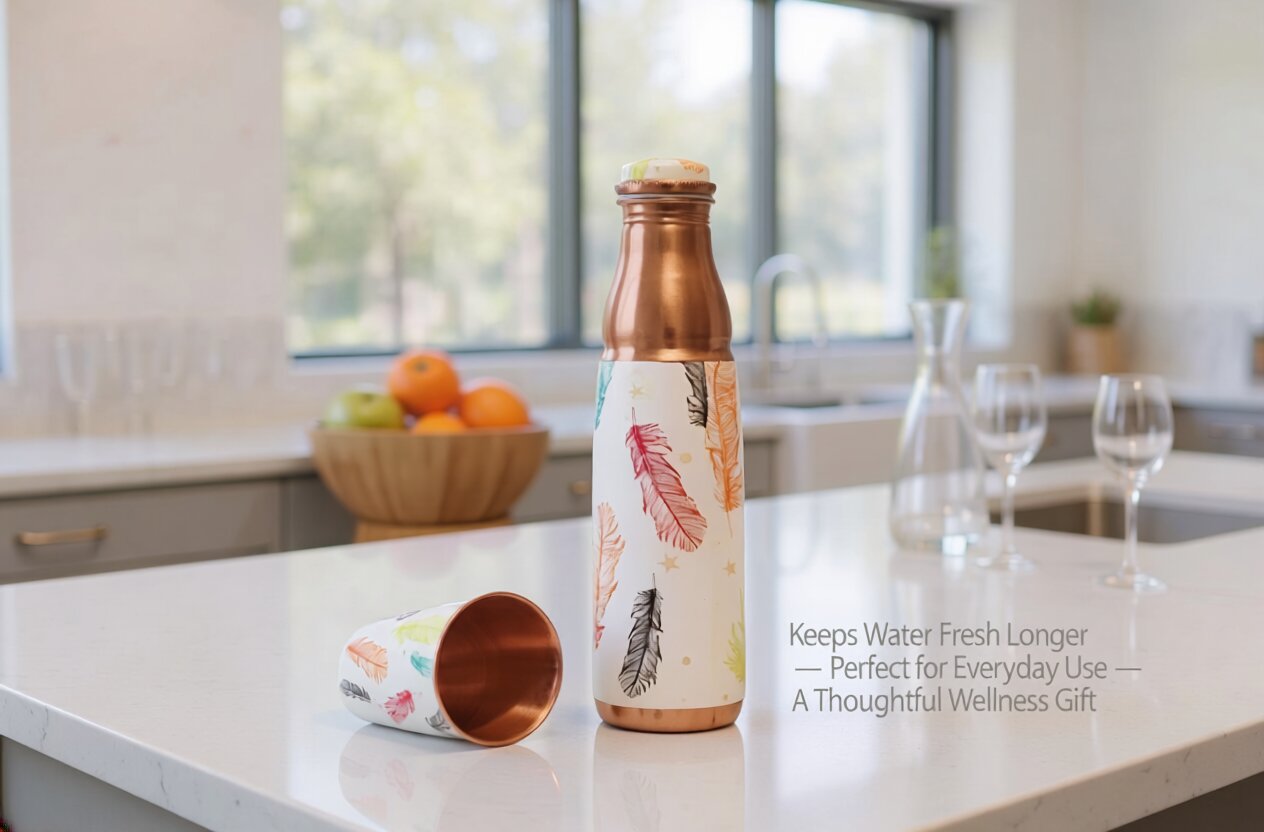 Designer Copper Bottle & Tumbler Set – Feather Print