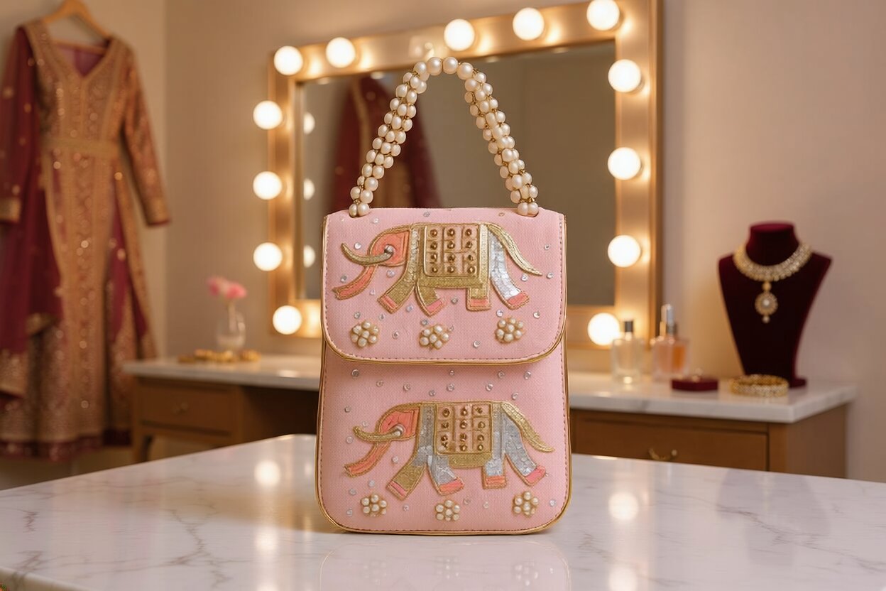 Elephant Embroidered Mini Satchel Bag – Blush Pink | Pearl Handle Indian Bridal Purse