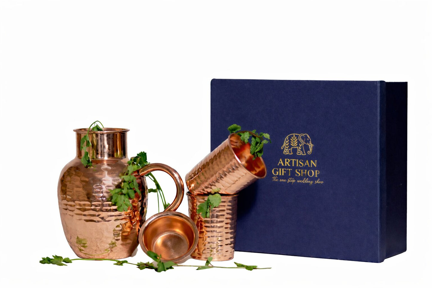 Pure Copper Water Jug with 2 Copper Glasses – Premium Hammered Copper Drinkware Set