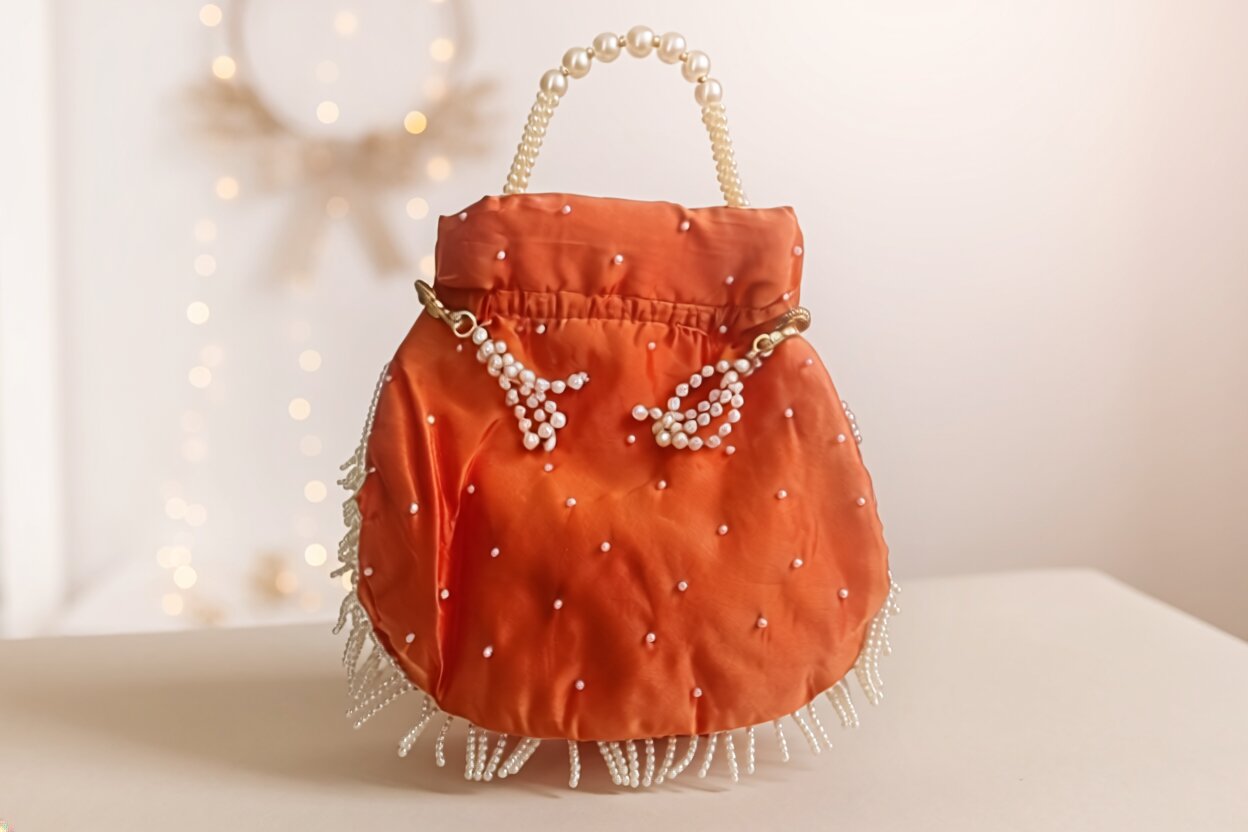 Pearl Embellished Potli Bag – Orange | Perfect Return Gifts in Wedding, Puja & Festivals for Bridesmaid