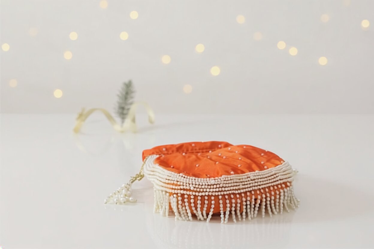 Pearl Embellished Potli Bag – Orange | Perfect Return Gifts in Wedding, Puja & Festivals for Bridesmaid