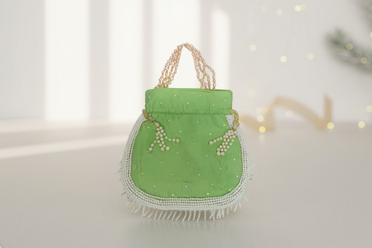 Pearl Embellished Potli Bag – Pistachio Green | Perfect Return Gifts in Wedding, Puja & Festivals for Bridesmaid