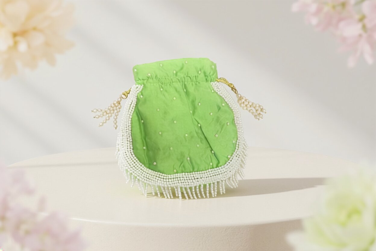 Pearl Embellished Potli Bag – Pistachio Green | Perfect Return Gifts in Wedding, Puja & Festivals for Bridesmaid