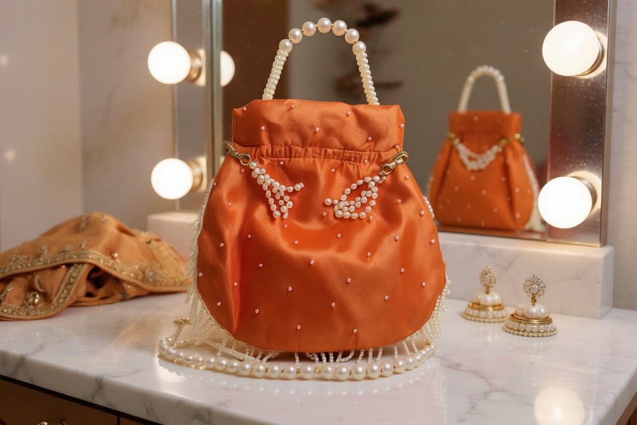 Pearl Embellished Potli Bag – Orange | Perfect Return Gifts in Wedding, Puja & Festivals for Bridesmaid