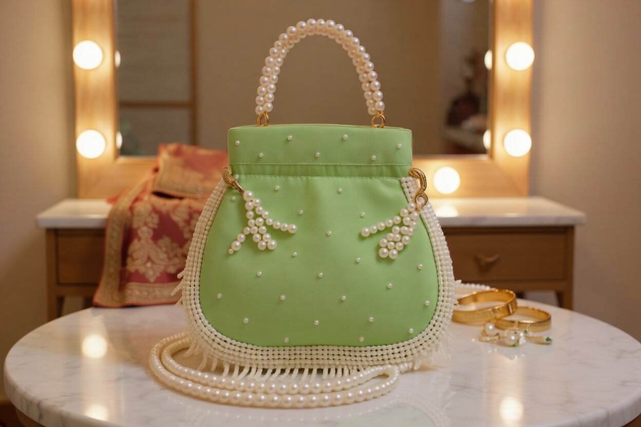 Pearl Embellished Potli Bag – Pistachio Green | Perfect Return Gifts in Wedding, Puja & Festivals for Bridesmaid