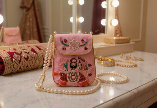 Shrinathji Embroidered Mini Satchel Bag – Soft Pink | Pearl Chain Devotional Bridal Purse