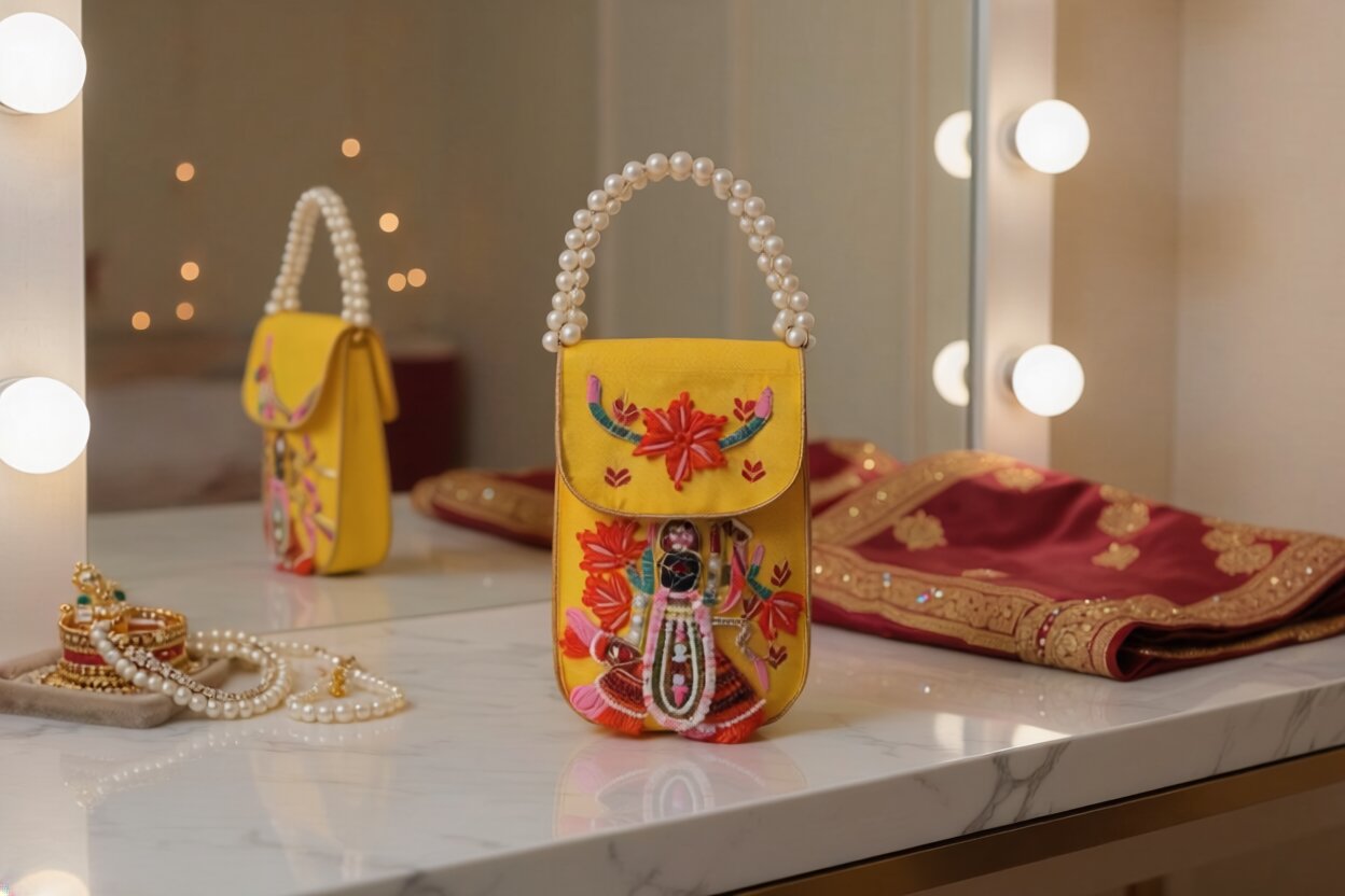 Shrinathji Embroidered Mini Satchel Bag – Sunshine Yellow | Pearl Handle Devotional Bridal Purse