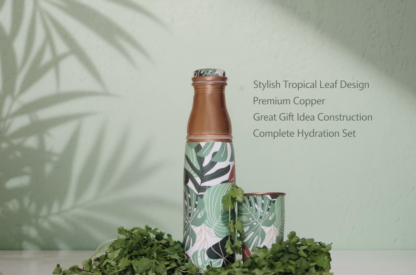 Tropical Leaf Printed Copper Water Bottle with Tumbler – Designer Drinkware Set