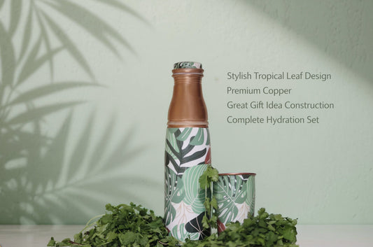 Tropical Leaf Printed Copper Water Bottle with Tumbler – Designer Drinkware Set