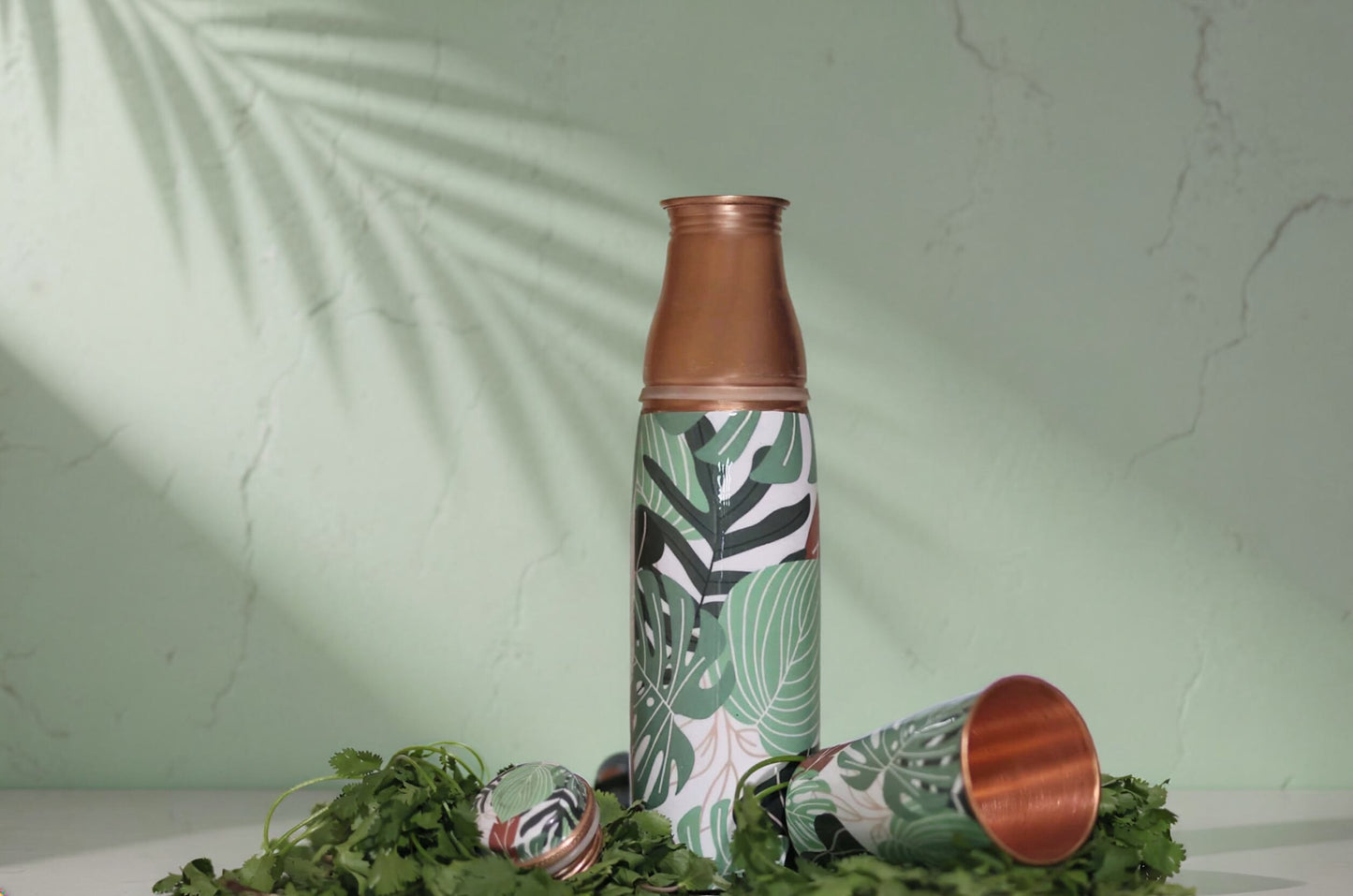 Tropical Leaf Printed Copper Water Bottle with Tumbler – Designer Drinkware Set