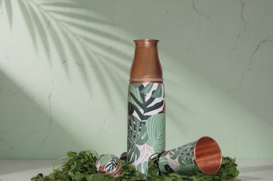 Tropical Leaf Printed Copper Water Bottle with Tumbler – Designer Drinkware Set