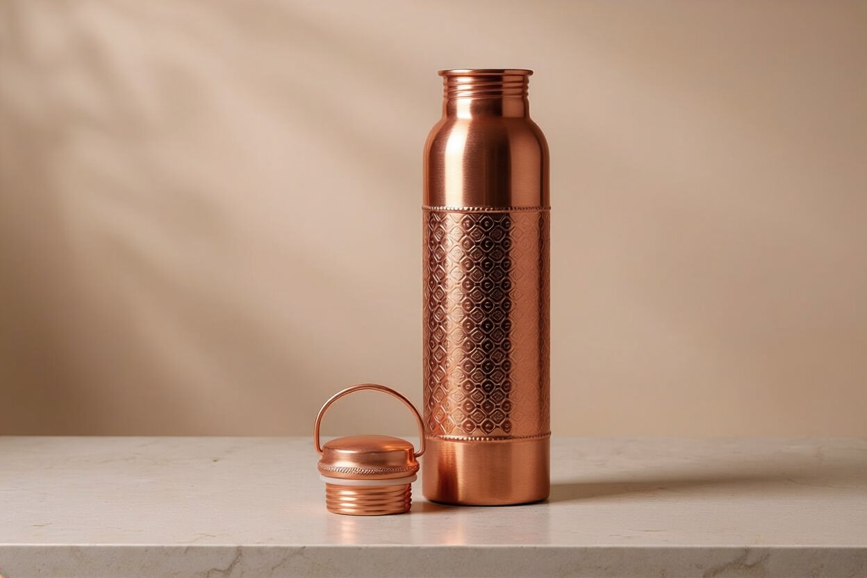 Engraved Pure Copper Water Bottle Gift Set – Traditional Craftsmanship | Ayurvedic Wellness with Cleaning Brush